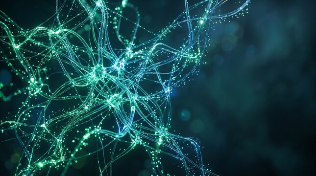Abstract 3D illustration of glowing blue and green digital neural network pathways with particle nodes
