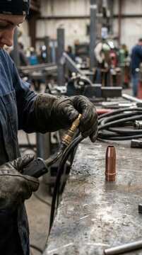 Metalworker Maintaining Welding Equipment in a Professional Industrial Workshop Setting for Precision Manufacturing and Fabrication Tasks