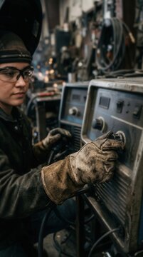 Female Welder Adjusting Industrial Machinery in a Gritty Workshop Setting
