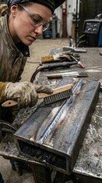 Female Welder Carefully Cleaning Steel Seam with Wire Brush in Industrial Workshop Setting