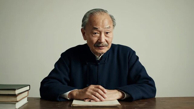 The old man sat at the table with the book in the same frame, the old man in Tang suit