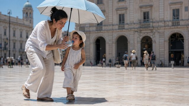 Mother provides shade with an umbrella and helps her young daughter drink water in a sunny European city square during summer.
