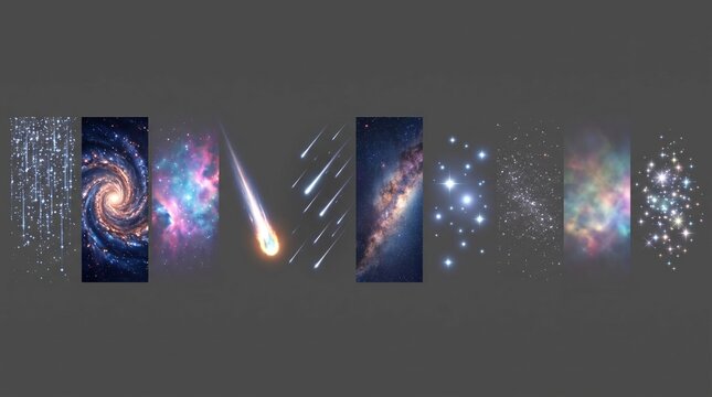 Cosmic space background collection, 10 galaxy and nebula textures, starry night sky with meteor shower and comet overlays