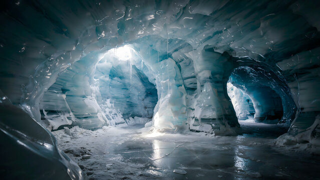 Ice cave with deep blue walls, jagged frozen formations, and natural light piercing through the ceiling into the icy cavern interior