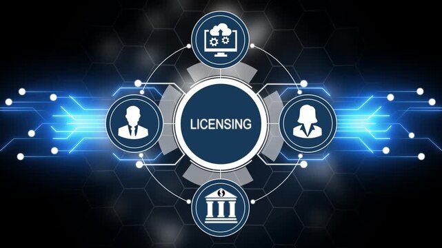 Licensing concept diagram with icons for people cloud and bank on a digital network background license
