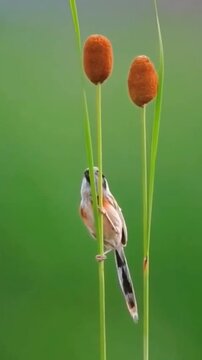 A beautiful bearded reedling bird perched on a cattail stem