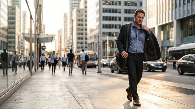 Professional businessman in a formal suit walks through a busy downtown street during the golden hour.