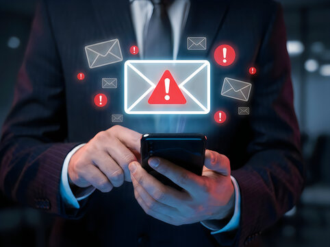Businessman holding a smartphone with a glowing red email envelope and warning exclamation mark surrounded by multiple floating messages