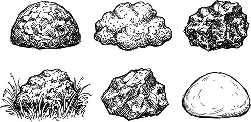 Vintage Rock and Stone Vector Illustration Set in Hand Drawn Engraving Woodcut Style with Diverse Textures and Grass Elements for Landscape Graphic Designs © Rafika