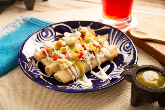 Tacos Dorados. Mexican dish also known as Flautas, consists of a rolled corn tortilla with some filling, commonly chicken or beef or vegetarian options such as potatoes.