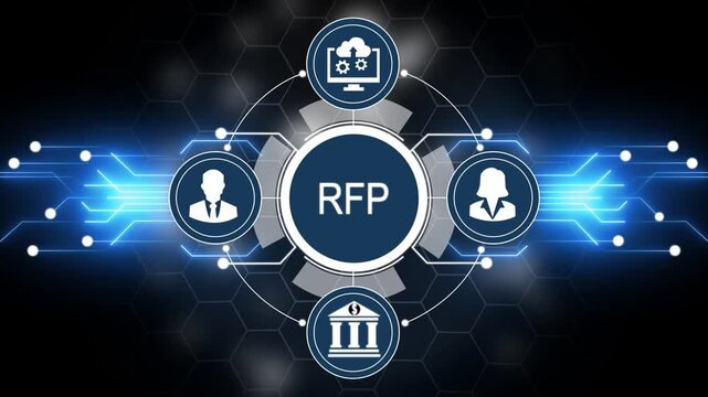 RFP concept diagram with icons for people cloud and bank on a digital network background request for proposal