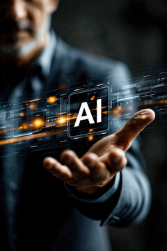  Futuristic AI Interface in Human Hand - Generative AI - no real persons