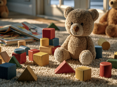 Top-down flat lay of scattered colorful wooden blocks, plush teddy bear, and books on a soft beige carpet with warm sunlight and open copy space for educational marketing design