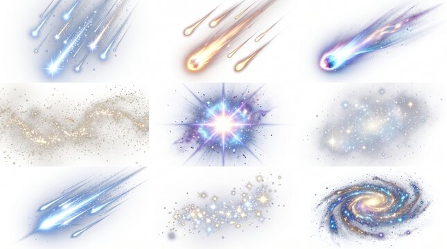 Cosmic space element collection, glowing meteor shower and shooting stars, spiral galaxy and nebula starburst set on white background