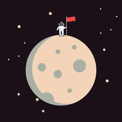 Fototapeta premium Flat Style Astronaut Standing on Moon Surface with Flag Space Exploration Illustration