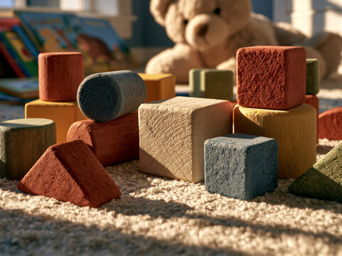 Top-down flat lay of scattered colorful wooden blocks, plush teddy bear, and books on a soft beige carpet with warm sunlight and open copy space for educational marketing design