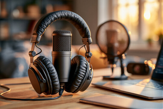 Premium over-ear headphones and mic on wooden desk. Warm light highlights matte black finishes. Soft bokeh blurs cozy study. Right copy space suits e-learning and EdTech web banners.