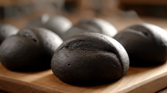 Close-up of black bread on a wooden plate, close-up display of black bread