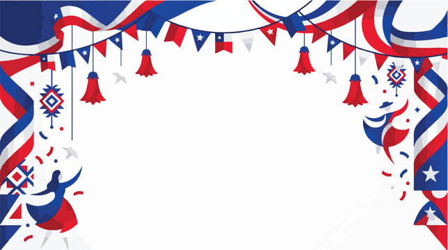 Chilean Independence Day Celebration with Traditional Decorations and Dancing Figures in Red White and Blue Festive Bunting and Confetti