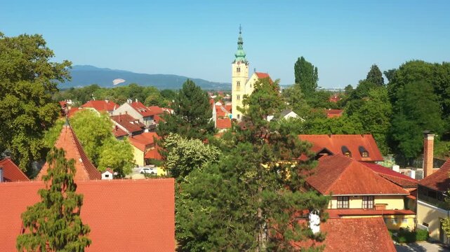Croatia, town of Samobor, city center and church tower aerial view 