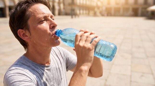 Young man drinks refreshing water from a blue plastic bottle to quench his thirst on a hot sunny day in the city.
