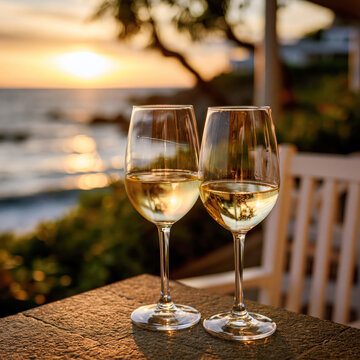 White Wine Glasses at Mediterranean Sunset &ndash; AI Generative