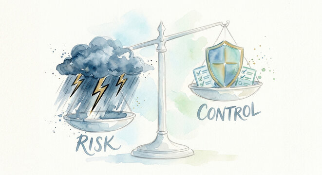 Scales: balance risk vs control; choose risk treatment&mdash;avoid, mitigate, transfer, accept; residual risk.