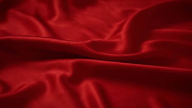 Abstract close-up footage of deep red luxurious satin fabric draping and waving slowly, creating dynamic folds, wrinkles, and shiny texture for background use.