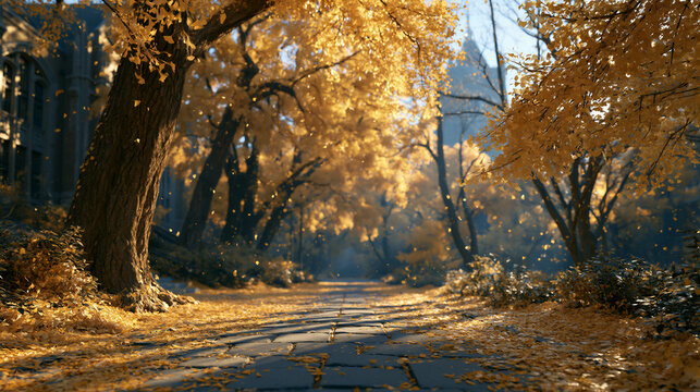 Cinematic autumn campus ginkgo path with falling leaves, stone walkway, blurred architecture, golden hour light, warm amber and blue tones, ideal for university branding and academic marketing.