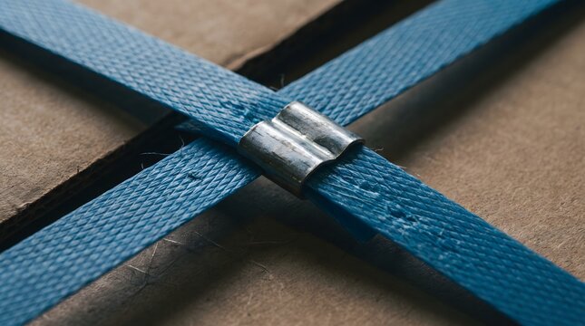 Blue plastic security strap with metal buckle on box