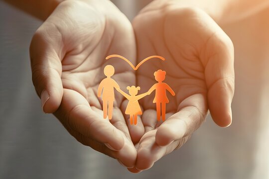Caring hands protecting a family icon with warm light, symbolizing family insurance, healthcare, child protection, security, trust, social care and financial protection.