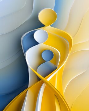 Abstract paper cut family protection concept in blue and yellow symbolizing hope, humanitarian aid, refugee support, child safety, unity, peace, compassion and social care