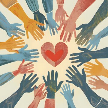 Diverse hands surrounding a heart symbolizing unity, inclusion, compassion, teamwork, charity, volunteer support, community care, kindness, diversity and global solidarity