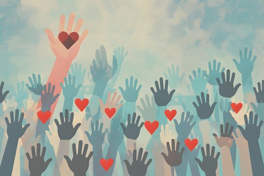 Community volunteer hands raising hearts symbolizing charity, compassion, unity, social support, humanitarian aid, donation, kindness, inclusion and hope with modern flat illustration