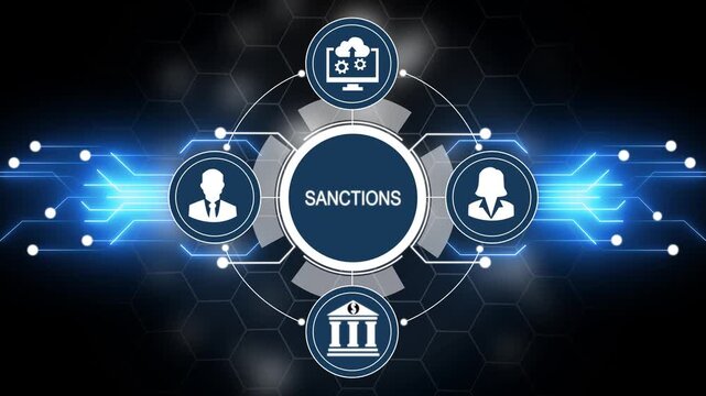 Sanctions concept diagram with icons for people cloud computing and bank embargo restriction