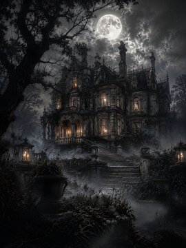 Gothic manor under eerie moonlight