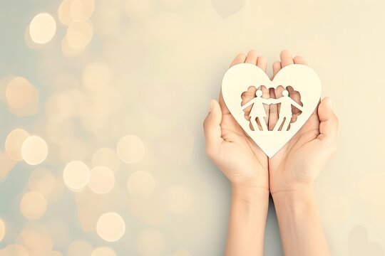 Hands holding a heart with family silhouette symbolizing love, care, protection, parenting, child welfare, healthcare, compassion, unity and family support with copy space