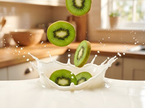 Fresh kiwi slices falling into a splash of milk in a kitchen