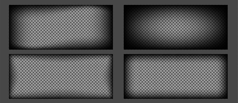 Set of black vignette effects with gradient fade on transparent background. Vector realistic illustration of dramatic shadow overlay for photo frames and vintage design with dark corner borders