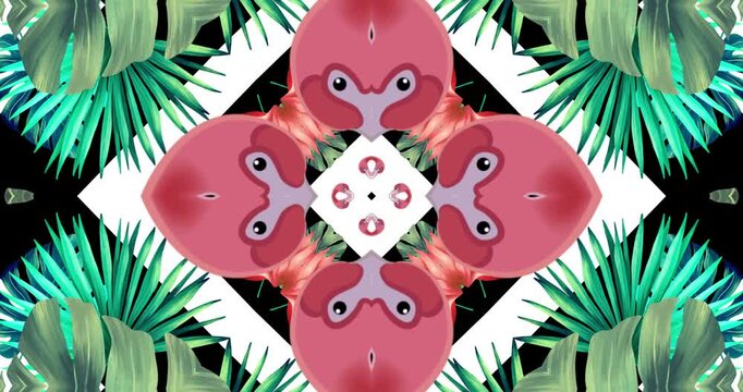Red and green christmas decorations. Kaleida Tropical Leaves 2. Summer background Visual Loops. 4K