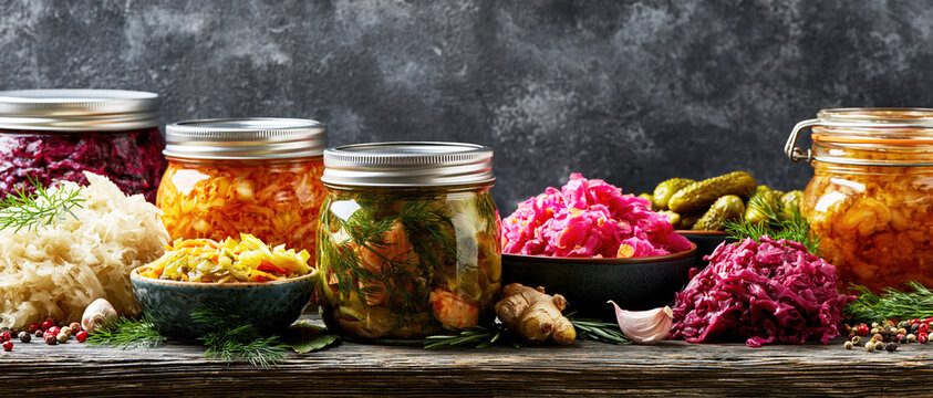 Assorted Fermented Vegetables and Pickled Foods in Glass Jars. AI generative.