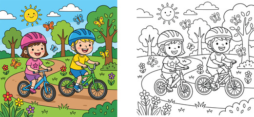 Fototapeta premium Children Riding Bicycles in Park Illustration with Coloring Page Line Art Outline Vector