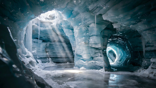 View inside a glacial ice cave featuring translucent blue ice walls, frozen icicles, and soft sunlight illuminating the icy tunnel