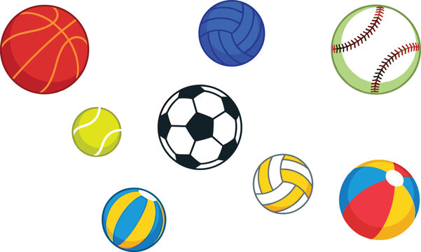 Sports equipment balls vector collection set including soccer basketball tennis baseball and beach ball isolated