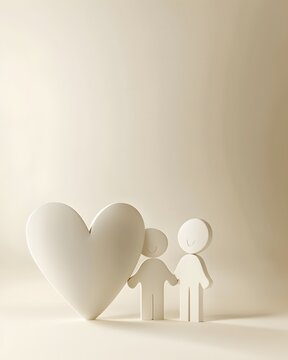 Minimal 3D family figures beside a heart symbol with warm beige background and copy space, representing love, care, relationship, family support, wellness and togetherness.