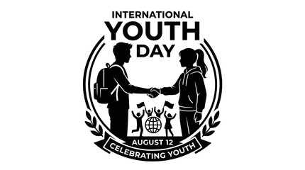 Obraz premium Black-and-white emblem featuring two figures shaking hands to symbolize youth collaboration on International Youth Day.