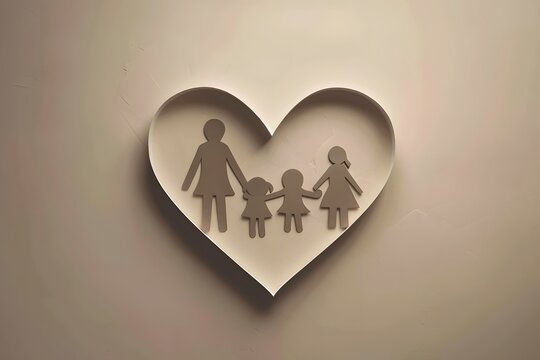 Minimalist paper cut family silhouette inside heart symbol with soft beige tones, representing love, unity, parenting, care, protection, togetherness and family values.