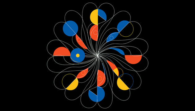 Abstract geometric floral design with colorful shapes on black background