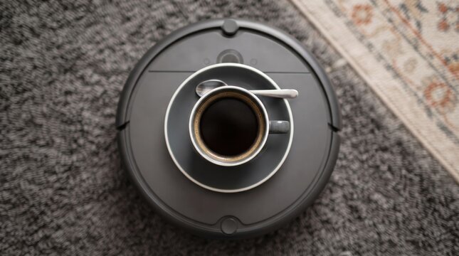 A sleek coffee cup sits on a robot vacuum, capturing a moment of peace. Sunlight fills the warm living room, highlighting soft textures and furnishings.
