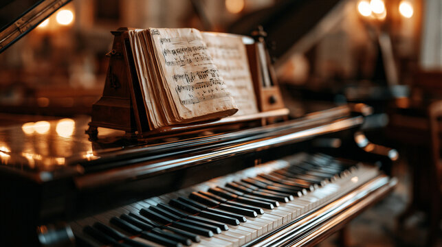 Glossy piano keys under warm light beside antique metronome and sheet music. Cinematic soft blur and golden glow create elegant mood for music academy branding, featuring right copy space.